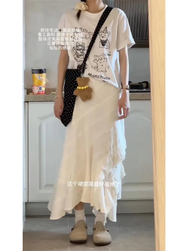 Women's White Y2k A-line Skirt Elegant Harajuku Oversize Long Skirts Streetwear 90s Aesthetic Vintage Skirt 2000s Clothes Summer