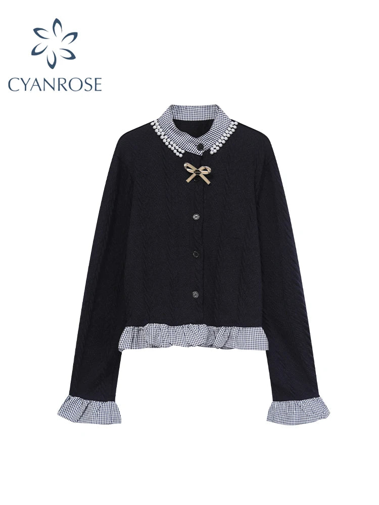 Women's Navy Cardigan Sweater Harajuku Preppy Style Long Sleeves Sweaters Jumper Aesthetic Vintage Y2k 2000s Emo Clothes Autumn