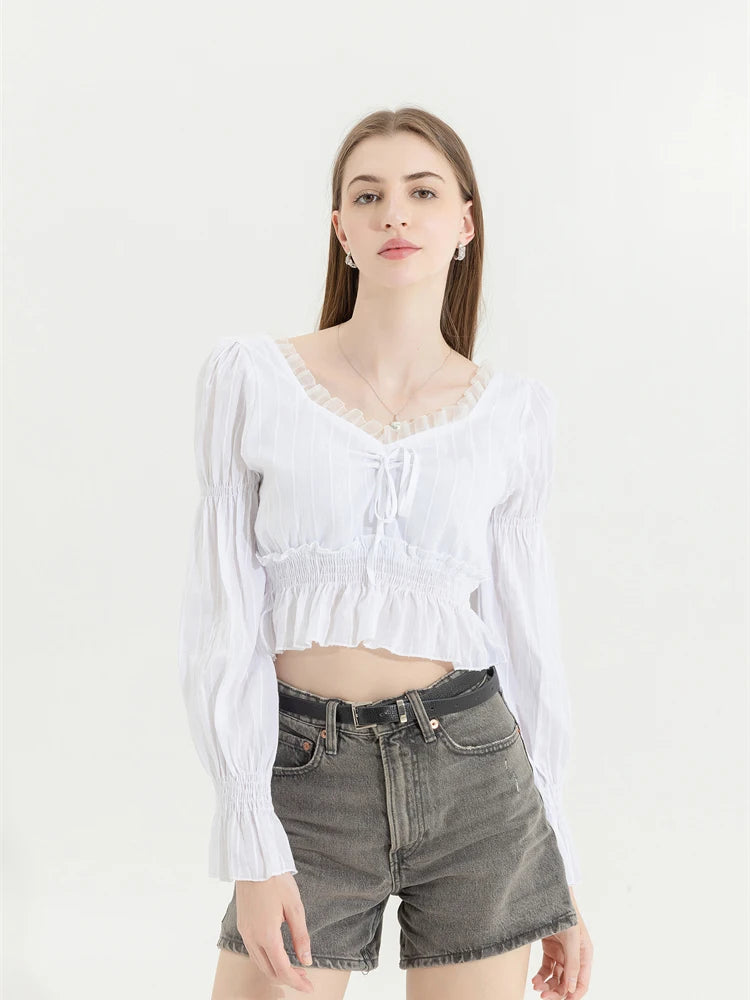 French Pleated Lantern Long Sleeve Shirt For Women's 2022 Spring And Autumn New Vintage White Square Collar Blouse Tops Female