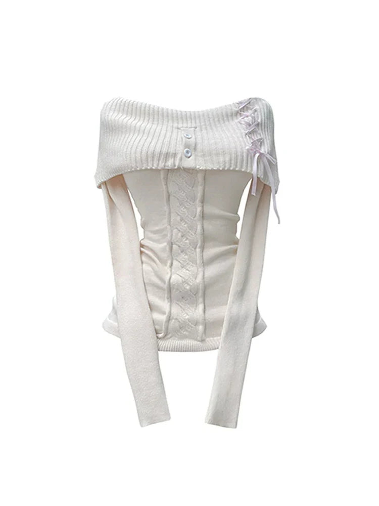 Women White Pullover Knitted Sweater Harajuku Y2k Long Sleeves Sweater Jumper 90s Vintage 2000s Aesthetic Female Clothes Autumn