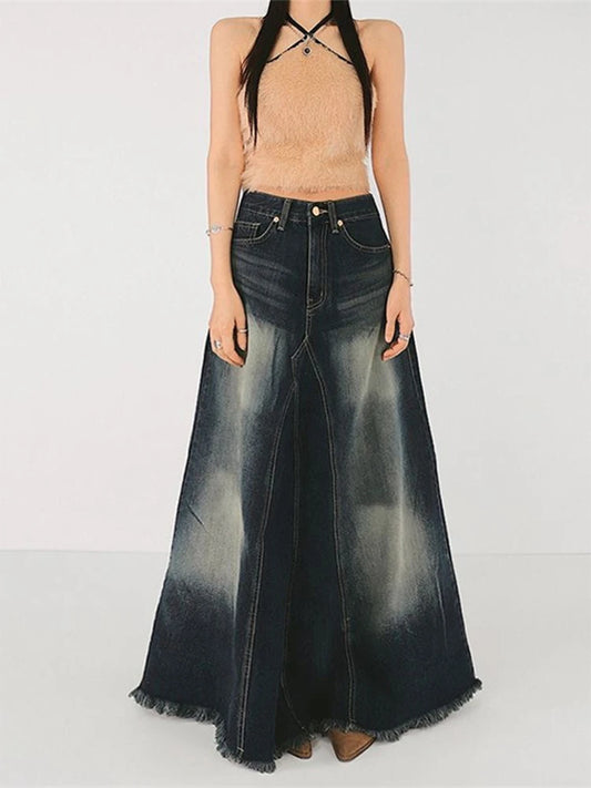 Women's Blue A-line Denim Skirt Y2k Long Jean Skirts Harajuku Vintage Elegant Korean Aesthetic Cowboy Skirt 2000s Clothes 2024