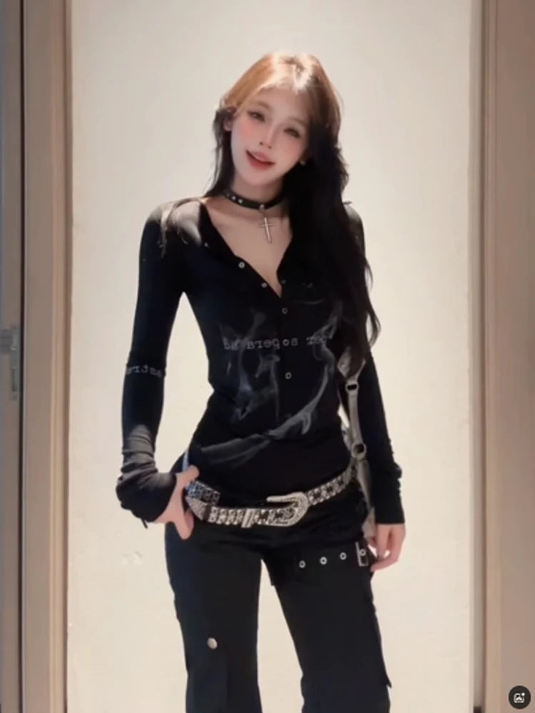 Women Black Gothic T-shirt Harajuku Korean Y2k Tee Top 90s Vintage Long Sleeve Emo Crop Top 2000s Coquette Fashion Clothes 2024