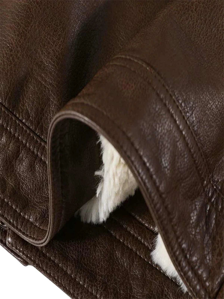 Women's Brown Leather Jacket Emo Mustang Coat Harajuku Vintage Long Sleeve Motorcycle Jacket Outerwear 2000s Clothes Winter 2024