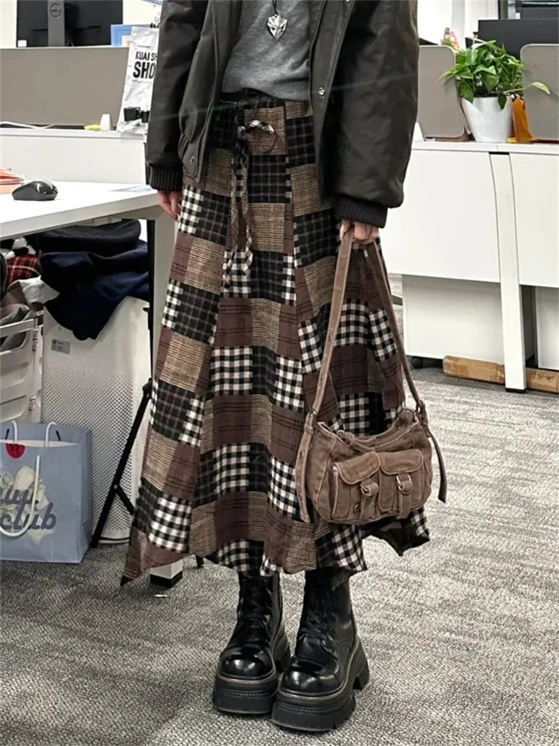 Women's Khaki Y2k Plaid Skirt Elegant Harajuku Long Skirts Streetwear 90s Aesthetic Vintage Patchwork Skirt 2000s Clothes 2025