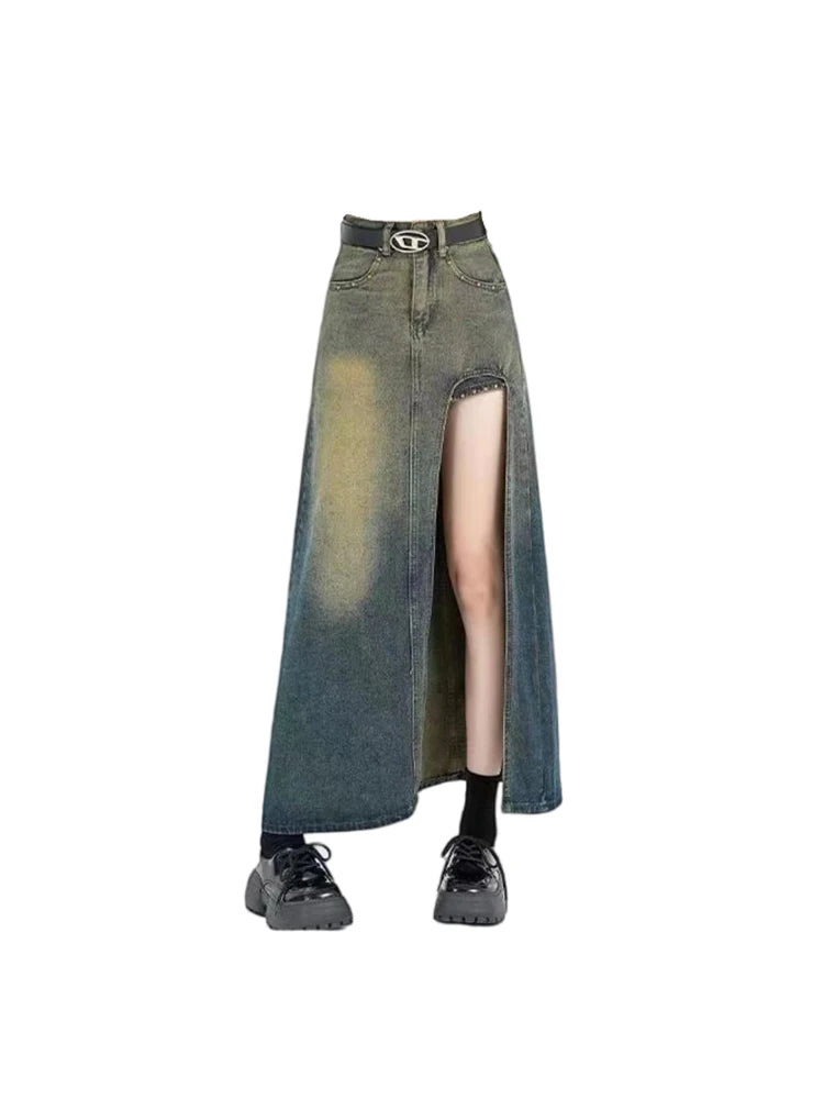 Women's Blue A-line Denim Skirt with Slit Vintage Aesthetic Y2k Jean Skirt Harajuku Korean Long Skirt 2000s Clothes Summer 2024