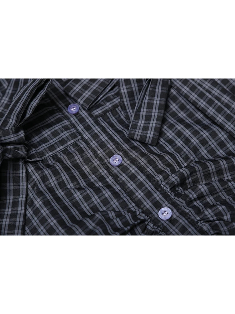 Y2K Plaid Blouse - Harajuku Vintage Bow Long Sleeve Summer 2025