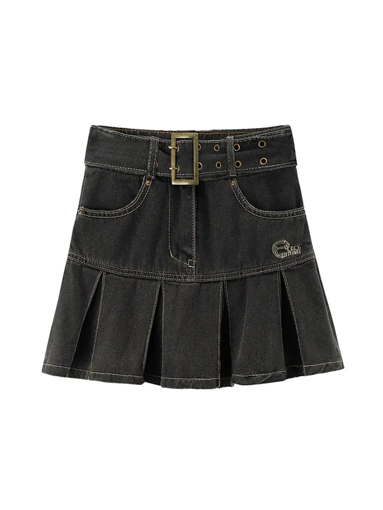 2022 Spring Women's High Waist Denim Mini Pleated Skirt Harajuku Streetwear Vintage Loose Casual Ladies Y2K A-line Short Skirts