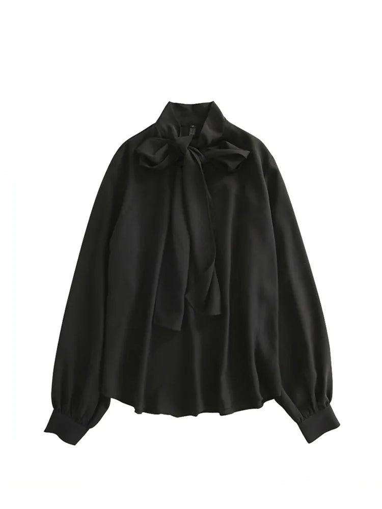 2022 Fall Lace Up Bow Shirt Vintage Long Sleeve Solid Chiffon Casual Blouse Korean Fashion Elegant Office Lady Blusas Woman Tops