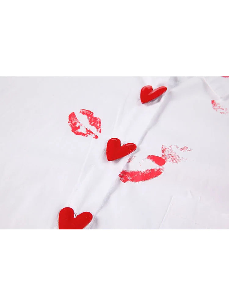 2022 Early Autumn Ladies New Style Lip Print Heart Print Shirt Women Fashion Loose White Long Sleeved Temperament Button Blusas