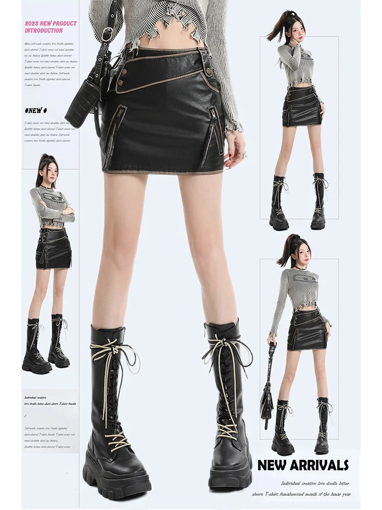 Women Black Gothic A-line Leather Skirt Vintage Y2k Skirt Harajuku Korean Fashion Mini Skirt 2000s Aesthetic Trashy Clothes 2024
