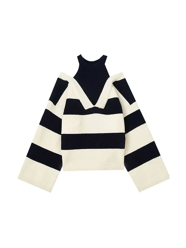 Women Sweaters Striped Fake Two Pieces Off Shoulder Slash neck Pullovers Womens Trendy 2022 Autumn Winter New Chic Knitwear Tops