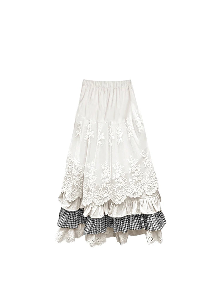 Women's White Y2k A-line Lace Skirt Elegant Harajuku Long Skirts Streetwear 90s Aesthetic Vintage Mori Dirl Skirt 2000s Clothes