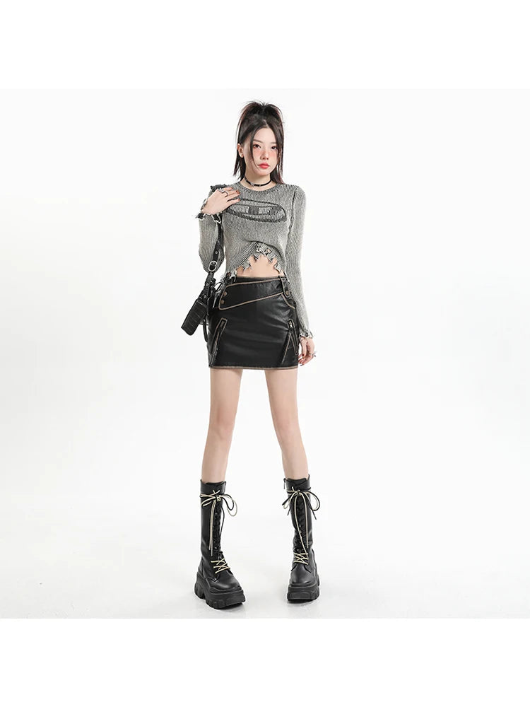 Women Black Gothic A-line Leather Skirt Vintage Y2k Skirt Harajuku Korean Fashion Mini Skirt 2000s Aesthetic Trashy Clothes 2024