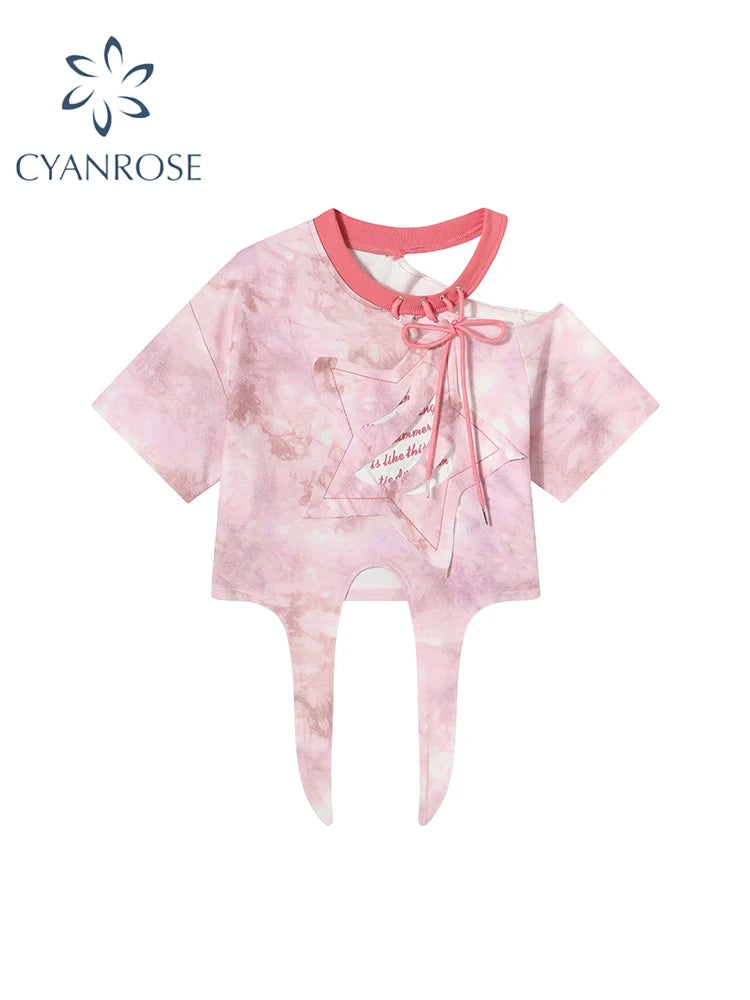 Women Pink Star T-shirt Harajuku Korean Y2k 90s Aesthetic Streetwear Vintage Short Sleeve T-shirts Clothes 2000s Clothes Summer