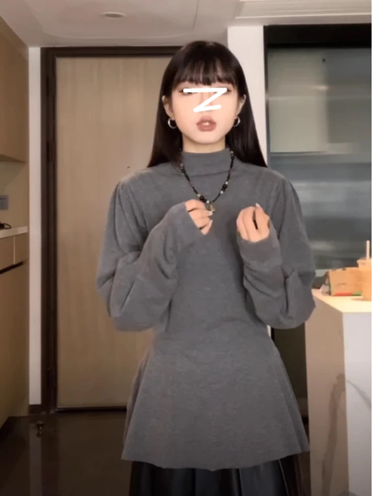 Women's Grey T-shirt Harajuku Korean Y2k Lace Tee Top Vintage 90s Aesthetic Long Sleeve Turtleneck T-shirts 2000s Clothes Autumn