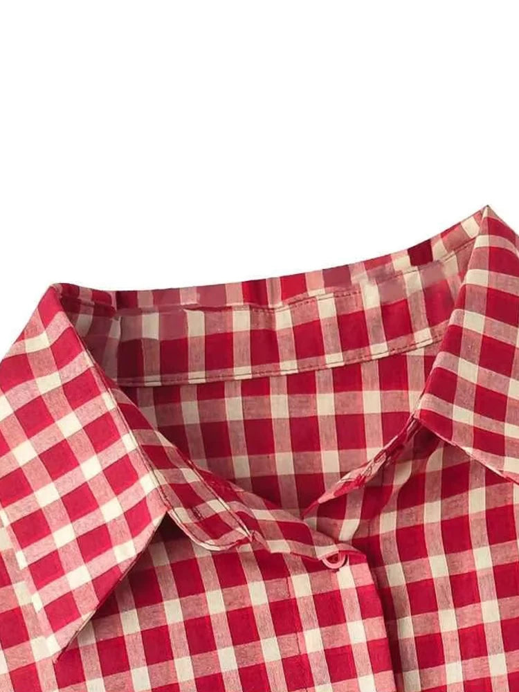 2025 Y2k Autumn Women New Vintage Red Plaid Turn-down Collar Over-shirt Long Sleeve Streetwear Loose Patchwork Harajuku Blouses
