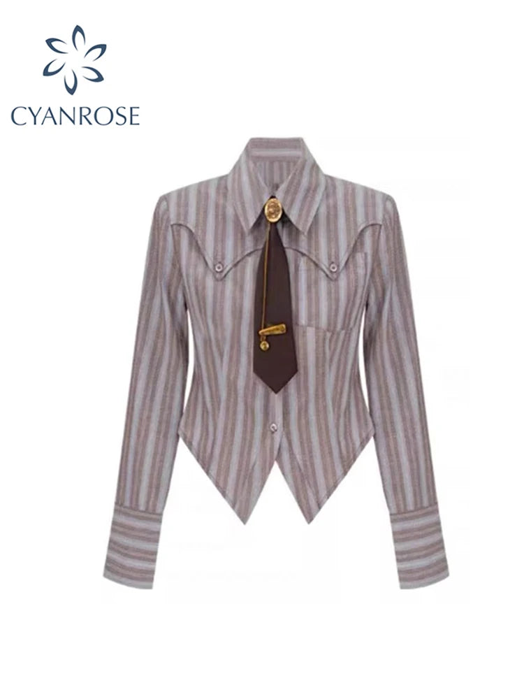 Y2K Striped Polo Blouse - Korean Vintage Long Sleeve Autumn