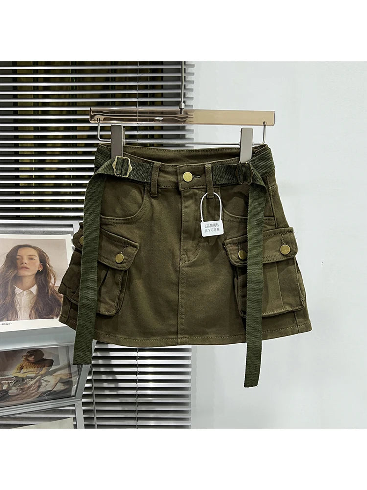 Women Denim Cargo A-line Skirt Vintage Y2k Khaki Skirt Harajuku Korean Streetwear Fashion A-line Skirts Emo 2000s Trashy Clothes