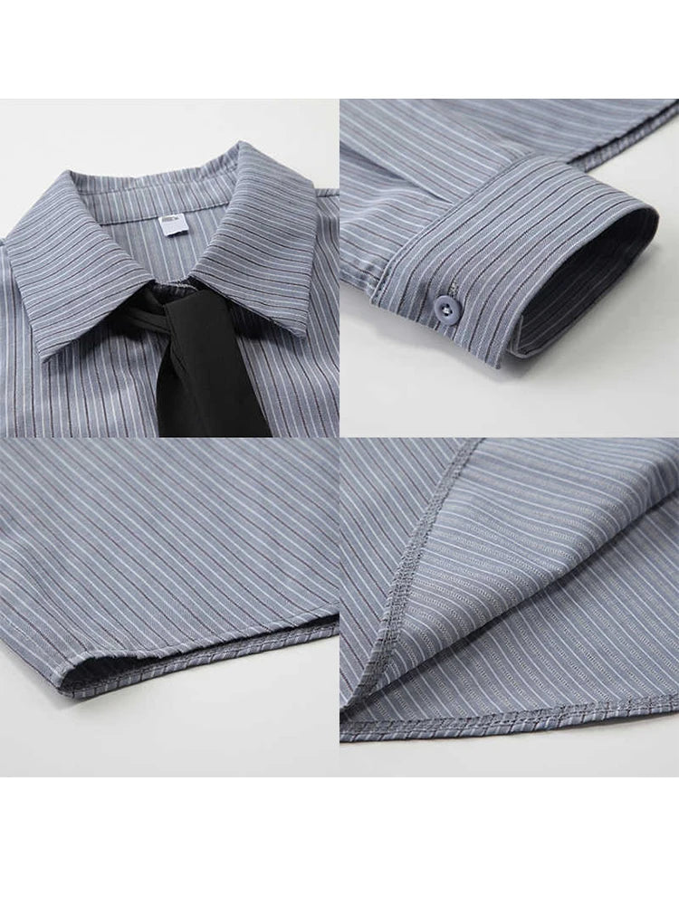 Blue Color Striped Design Tie Decoration Blouses Women Preppy Style Shirt Retro Sweet Cute Style Over-shirt Y2K Loose 2025