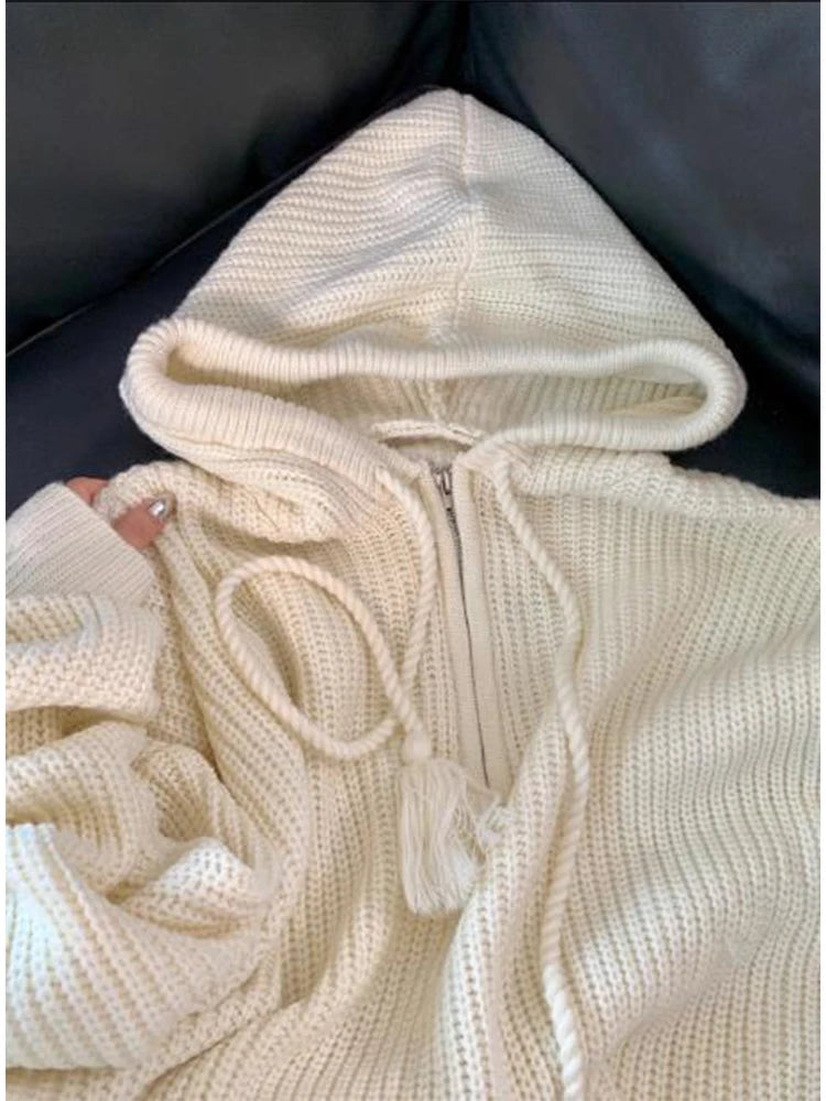 Women's Grey Hoodies Pullover Knitted Sweater Vintage Harajuku Casual Y2k 90s Aesthetic Long Sleeve Knit Sweaters 2000s Clothes