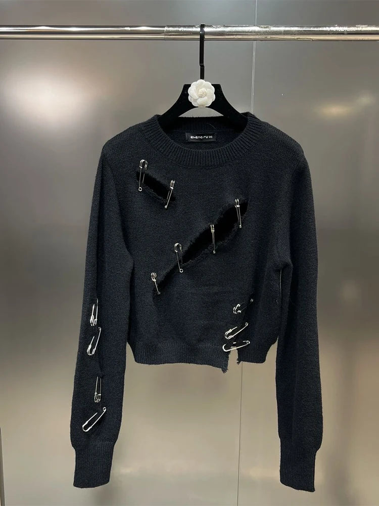 Women Black Gothic O-Neck Pullover Hollow Out Knit Sweater Harajuku Y2k Long Sleeves Sweater Vintage 90s 2000s Aesthetic Clothes