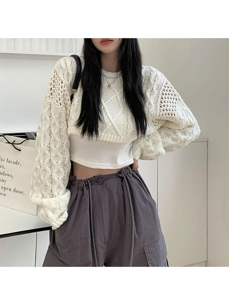 2022 Autumn New Women Solid Color Pullover Sweater Hollow Out Knitted Long Sleeve Cropped Sweater Korean Style Casual Fashion