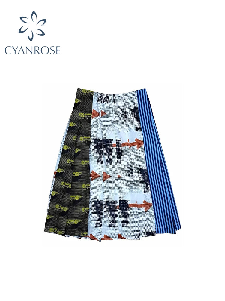 Women's Patchwork Skirt Vintage Aesthetic Streetwear Y2k Long Skirt Harajuku Korean Pattern Skirts 2000s Fashion Clothes Summer