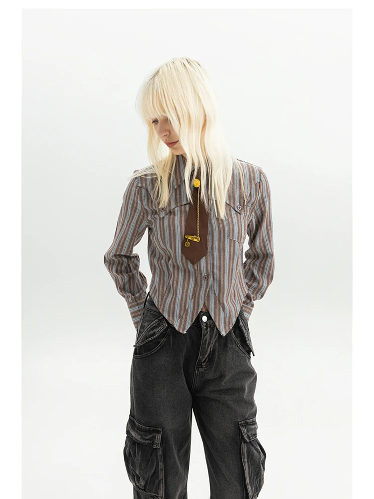 Women Striped Shirts Blouses Vintage Harajuku 90s Aesthetic Y2k 2000s Elegant Polo-Neck Long Sleeve Shirts 2000s Clothes Autumn