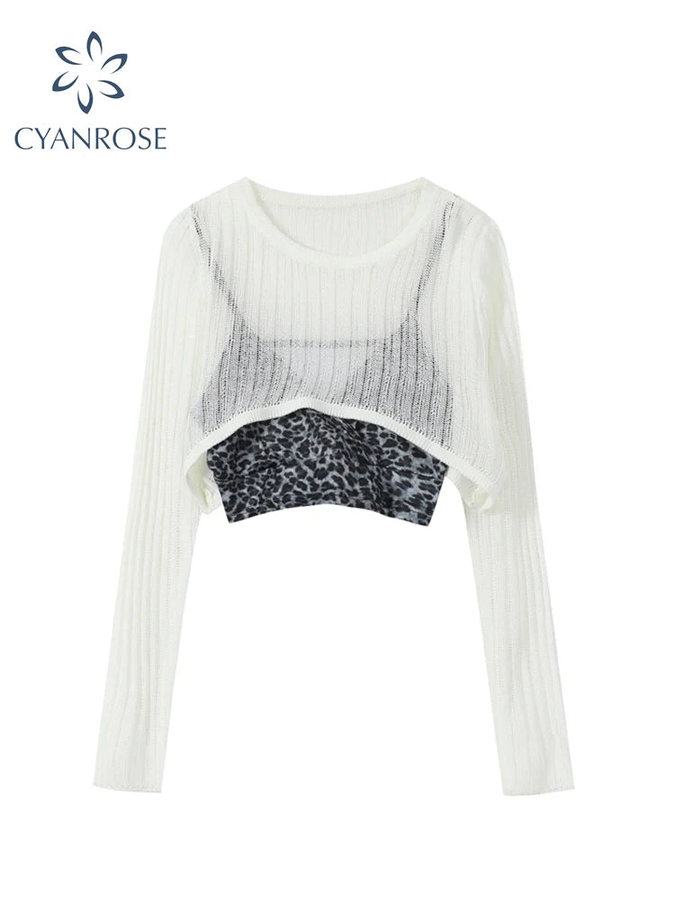 White Hollow Out Suspender Long Sleeve T-shirt Women 2022 Summer Leopard Sling Sexy Perspective Bottoming Shirt Crew Short Top