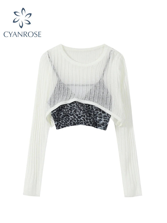 White Hollow Out Suspender Long Sleeve T-shirt Women 2022 Summer Leopard Sling Sexy Perspective Bottoming Shirt Crew Short Top
