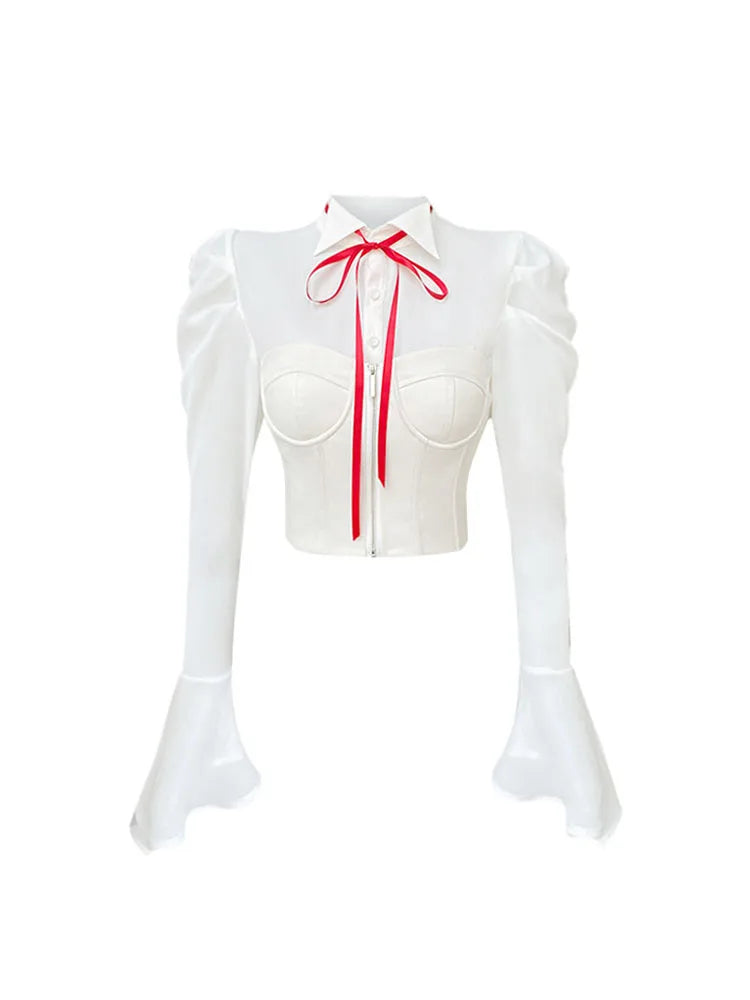 Chic Black Chiffon Shirt Long Sleeve Tops Fashion Sexy Underbust Corset Women Bustier Tube Patchwork Fishbone Crop Tops 2022 New