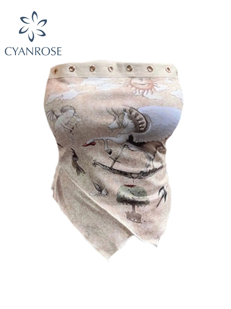 Women's Strapless Crop Top Vintage Y2k Summer Graphic Print Camisole Fashion Streetwear Female Sexy Off Shoulder Tank Top Vest