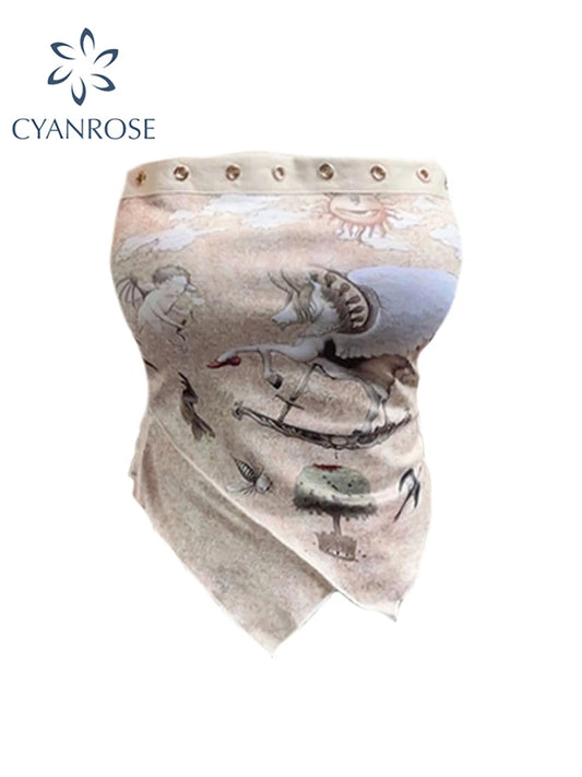 Women's Strapless Crop Top Vintage Y2k Summer Graphic Print Camisole Fashion Streetwear Female Sexy Off Shoulder Tank Top Vest