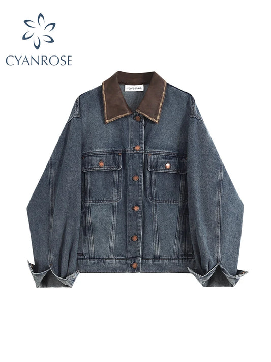 Women Blue Denim Jacket Female Outerwear Long Sleeve Oversize Jean Jacket Harajuku Korean Vintage Fashion Y2k Top 2000s Clothes