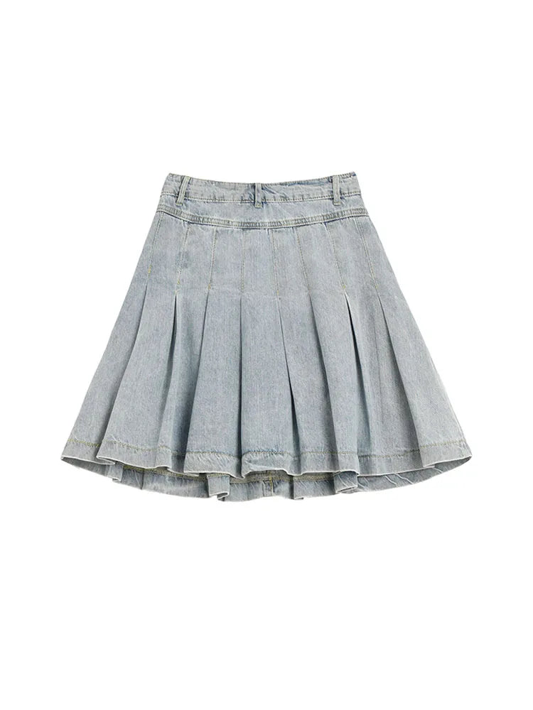 High Waist Denim Mini Skirt Women Korean Vintage New Fashion Slimming Versatile Denim Button Lotus Leaf Pleated Skirts Female