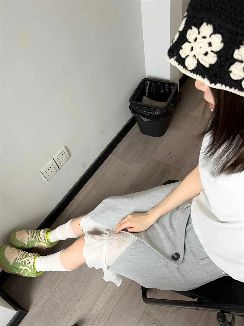 Women's Grey A-line Skirt Vintage Aesthetic Y2k Patchwork Skirt Harajuku Korean Asymmetrical Skirts 2000s Fashion Clothes Summer