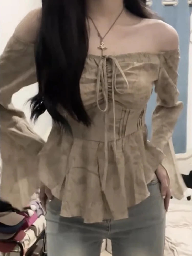 Women T-shirt Harajuku Korean Y2k Tee Top 90s Aesthetic Streetwear Vintage Long Sleeve Slash Neck T-shirt 2000s Fashion Clothes