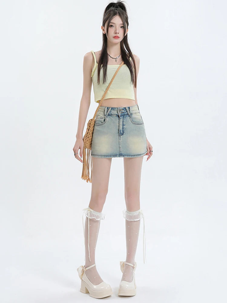 Women Blue A-line Denim Skirt Vintage 90s Aesthetic Y2k Mini Jean Skirt Harajuku Korean Cowboy Skirt 2000s Clothes Summer 2025