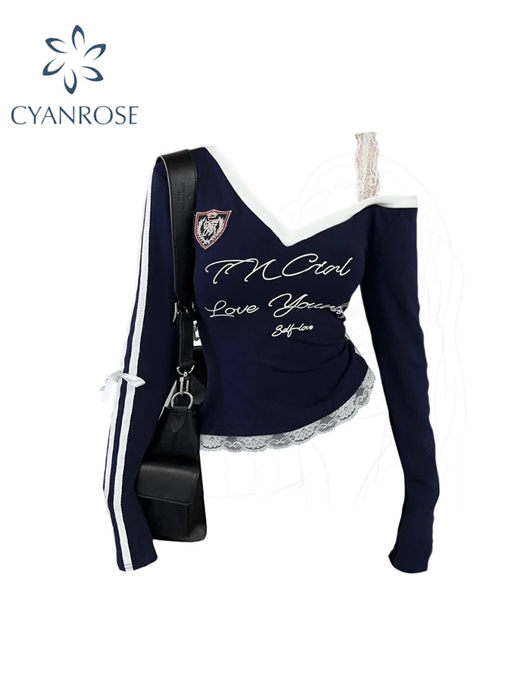 Women's Navy Lace T-shirt Harajuku Korean Y2k Tee Top Vintage 90s Off Shoulder Long Sleeve Letter Print T-shirts 2000s Clothes