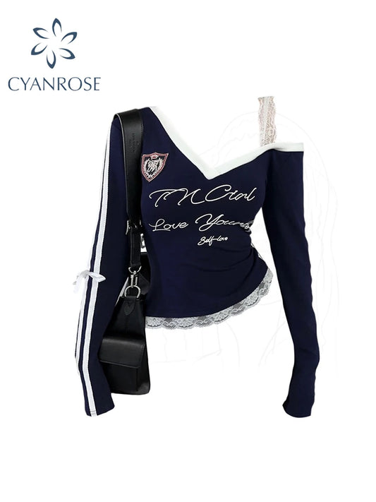 Women's Navy Lace T-shirt Harajuku Korean Y2k Tee Top Vintage 90s Off Shoulder Long Sleeve Letter Print T-shirts 2000s Clothes