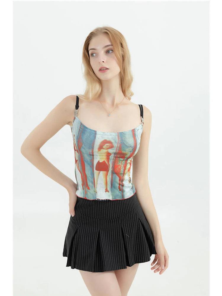 Sexy Slim Spaghetti Strap Camisole Graphic Print Tank Top Y2K Female Vintage Fashion Off Shoulder Vest Women's Crop Top Summer