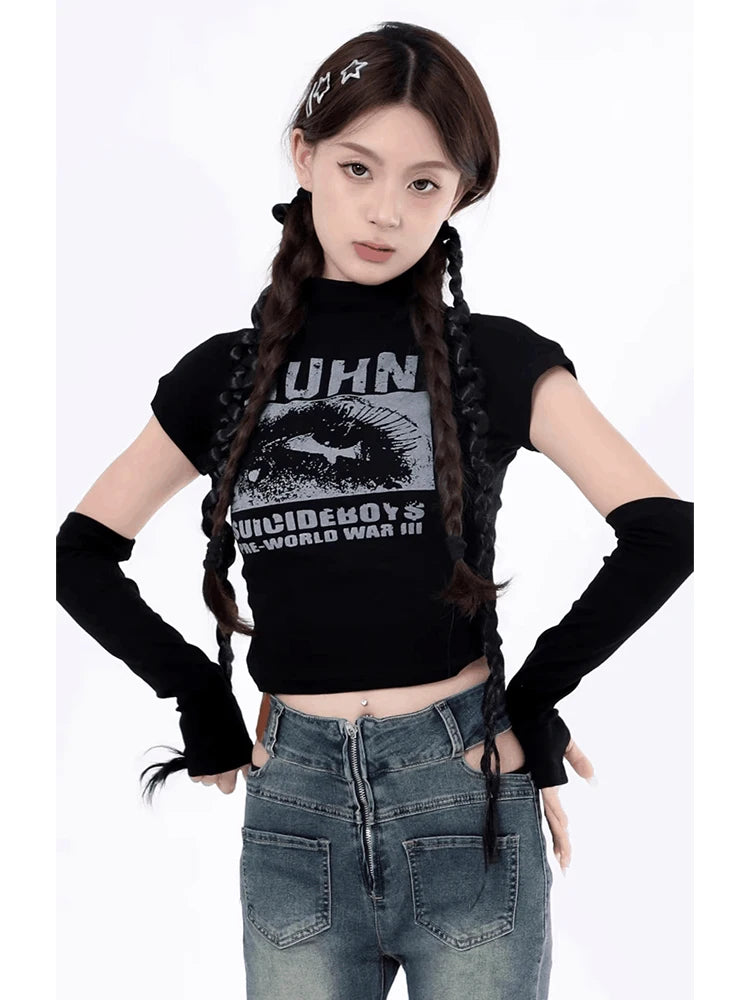 Women's Red Letter Print T-shirt Harajuku Korean Y2k Top 2000s 90s Aesthetic Grunge Vintage Removable Sleeves T-shirts Clothes