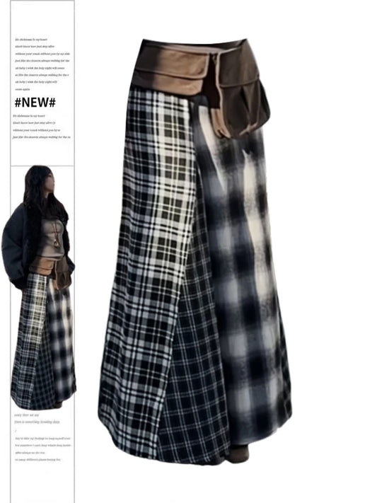 Women Patchwork A-line Plaid Skirt Vintage 90s Aesthetic Streetwear Y2k Oversize Long Skirt Harajuku Korean Skirts 2000s Clothes