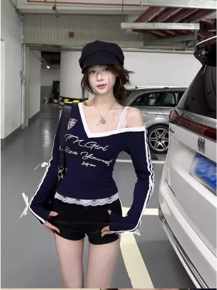 Women's Navy Lace T-shirt Harajuku Korean Y2k Tee Top Vintage 90s Off Shoulder Long Sleeve Letter Print T-shirts 2000s Clothes