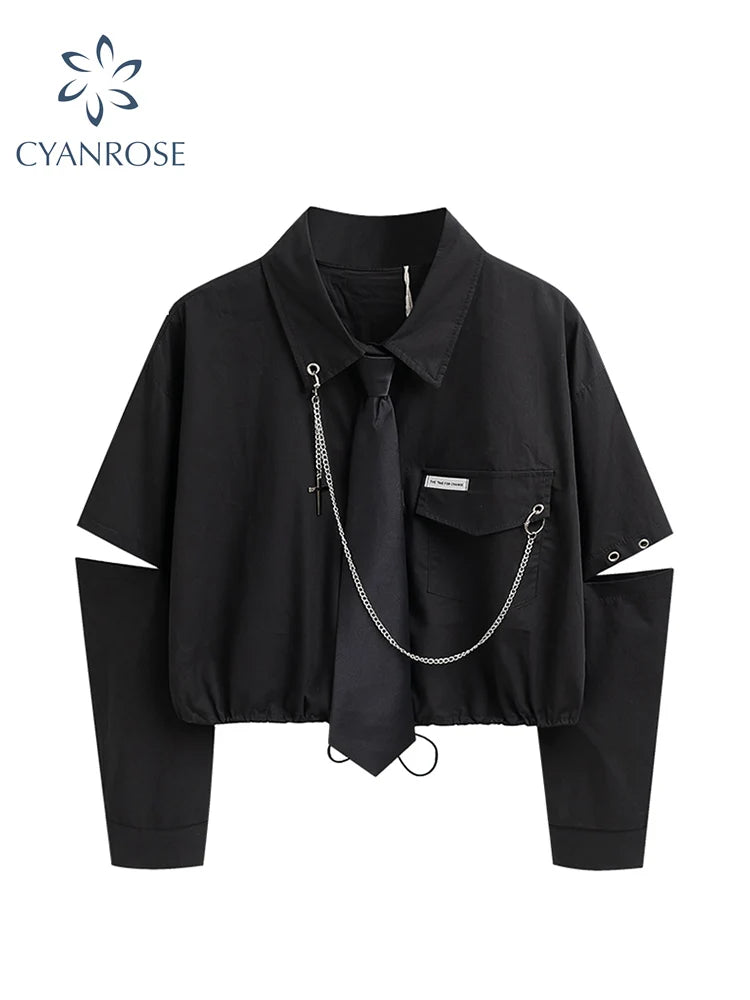 Punk Gothic Crop Top - Harajuku Streetwear with Chain & Split Detail