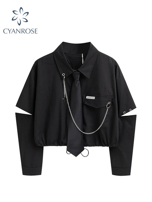 Punk Gothic Crop Top - Harajuku Streetwear with Chain & Split Detail