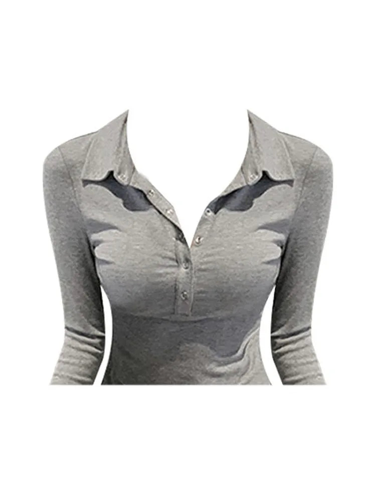 Thin Sexy Club Slim T Shirt Women Lapel Collar Tees Womens Clothing Cotton Long Sleeve Korean Casual Fashion Tops 2023 Spring