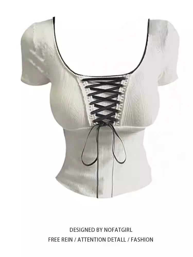 Summer Women Fashion White Bodycon T Shirts Lace Up Design Vintage Short Sleeve Tees Square Collar Stretch Tops Streetwear