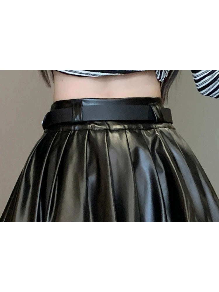 Women Black A-line Leather Skirt Vintage Aesthetic Y2k Pleated Skirt Harajuku Korean Gothic Mini Skirt Emo 2000s Clothes Summer