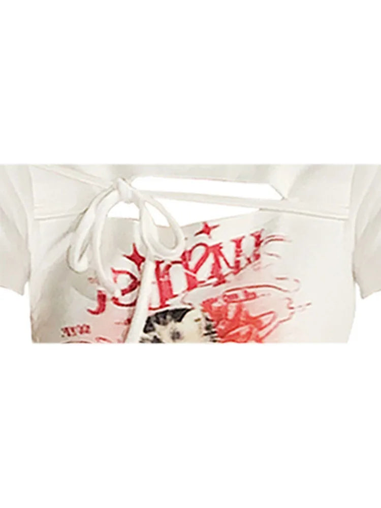 2022 Summer Women Sexy T-Shirts Print Crop Top Girls Short Sleeve Punk Harajuku Fashion Vintage Hollow Out O-neck Cute Tee Tops